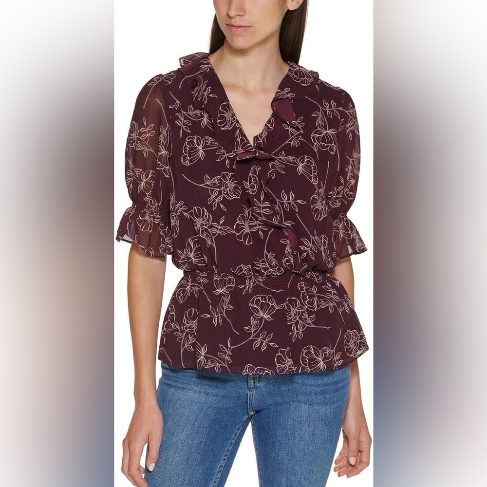 CALVIN KLEIN Womens Elastic Waist Peplum Hem Short Sleeve Faux Wrap Top